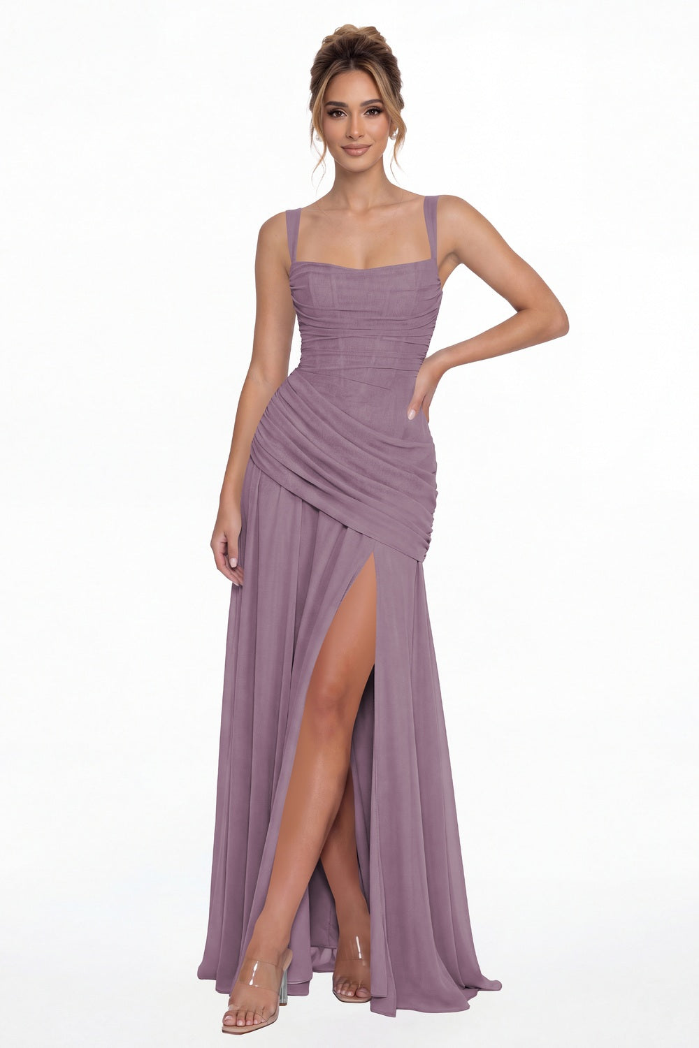 Wisteria Square Neck Ruched Chiffon Slit Maxi Gown - Front View