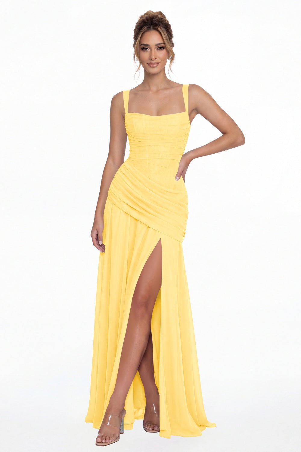 Yellow Square Neck Ruched Chiffon Slit Maxi Gown - Front View