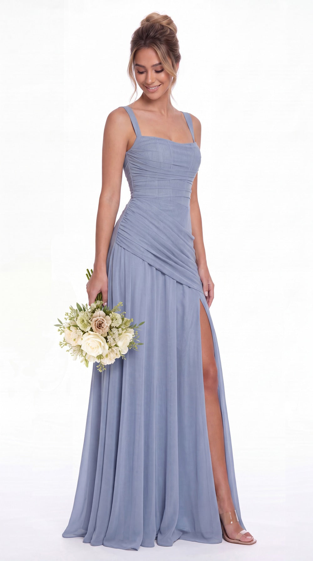 Square Neck Ruched Chiffon Slit Maxi Gown - Detail View 2
