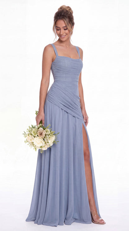 Square Neck Ruched Chiffon Slit Maxi Gown - Detail View 2
