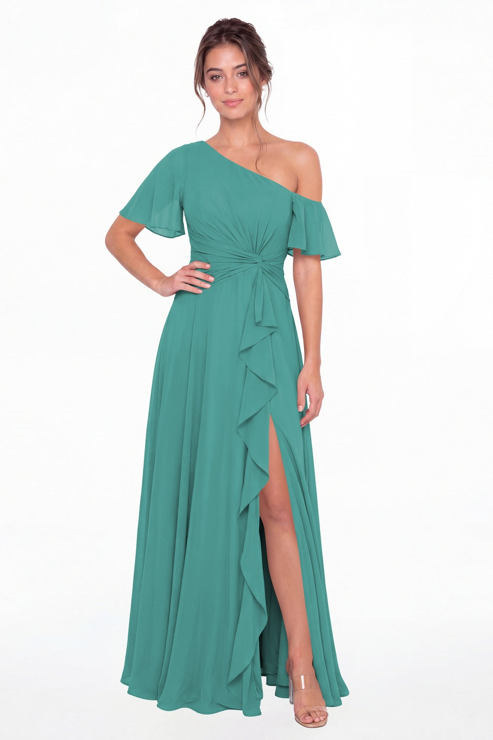 Aqua Blue One Shoulder Flutter Sleeve Chiffon Slit Maxi Gown - Front View