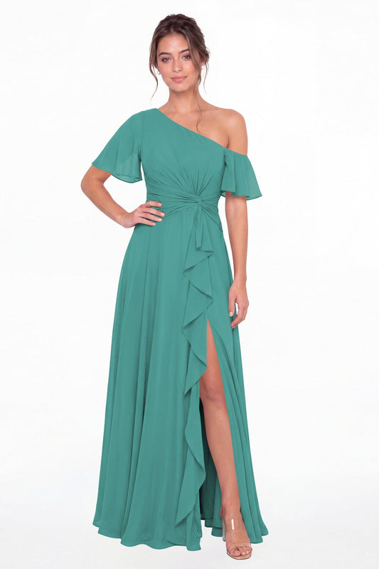 Aqua Blue One Shoulder Flutter Sleeve Chiffon Slit Maxi Gown - Front View