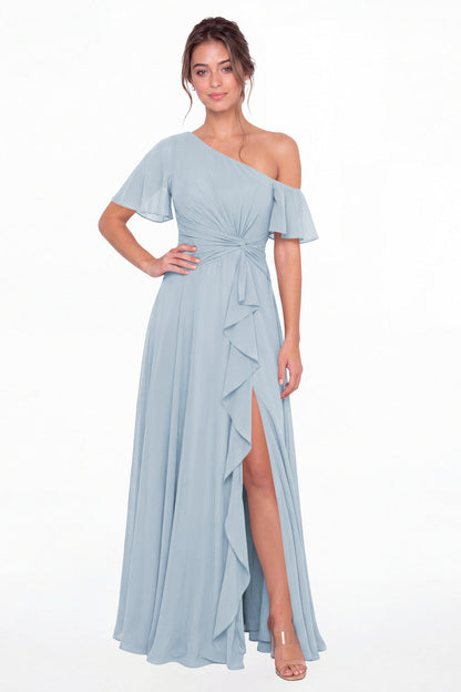 Baby Blue One Shoulder Flutter Sleeve Chiffon Slit Maxi Gown - Front View