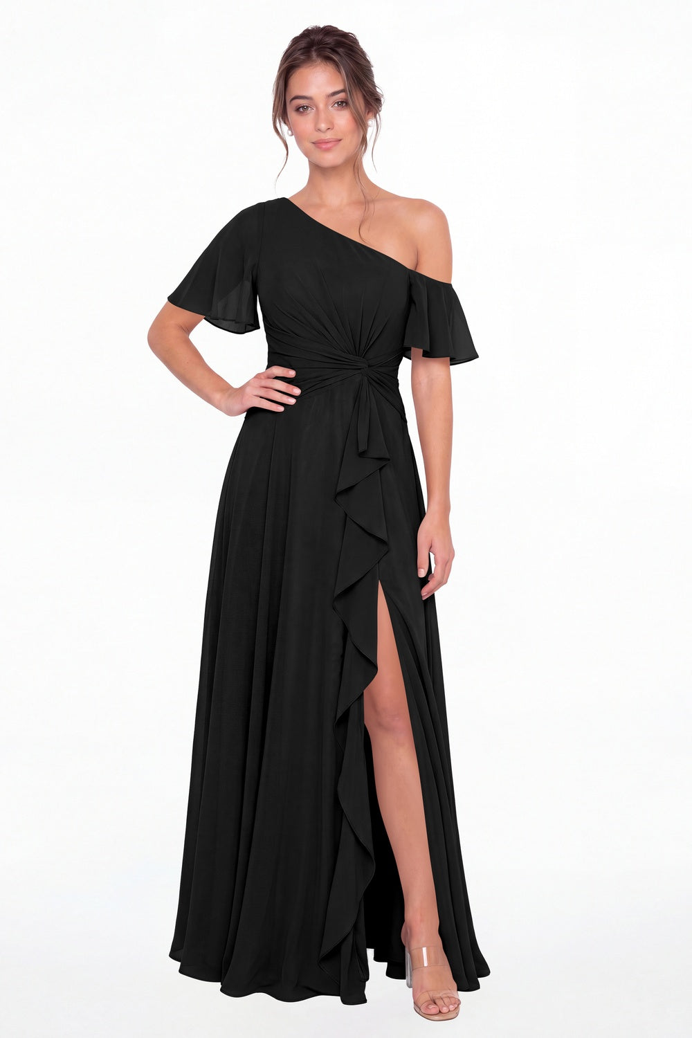 Black One Shoulder Flutter Sleeve Chiffon Slit Maxi Gown - Front View