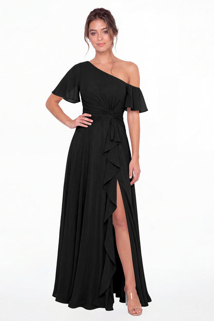Black One Shoulder Flutter Sleeve Chiffon Slit Maxi Gown - Front View