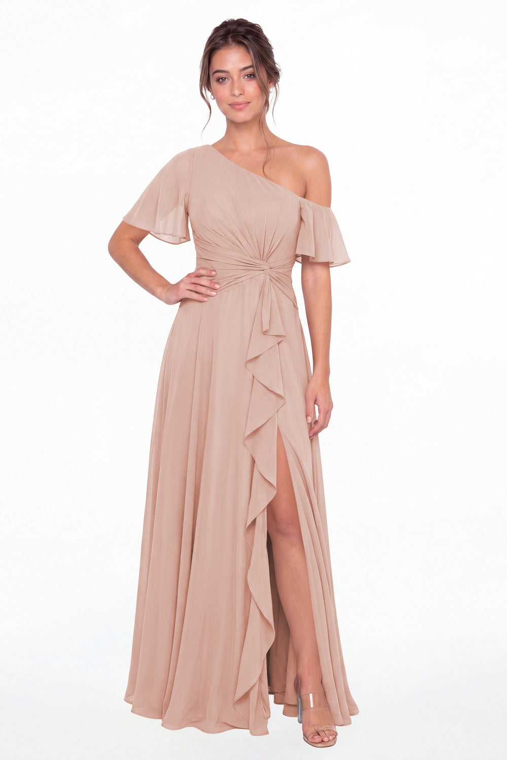 Blush Pink One Shoulder Flutter Sleeve Chiffon Slit Maxi Gown - Front View