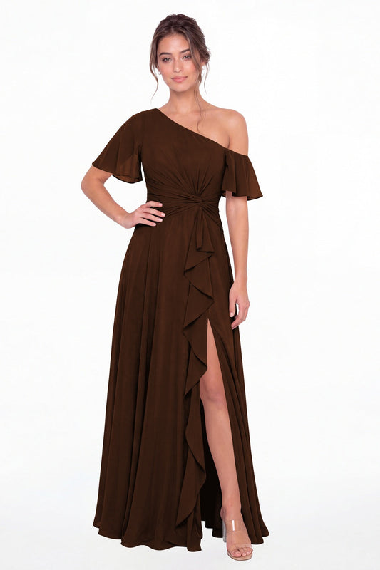 Brown One Shoulder Flutter Sleeve Chiffon Slit Maxi Gown - Front View