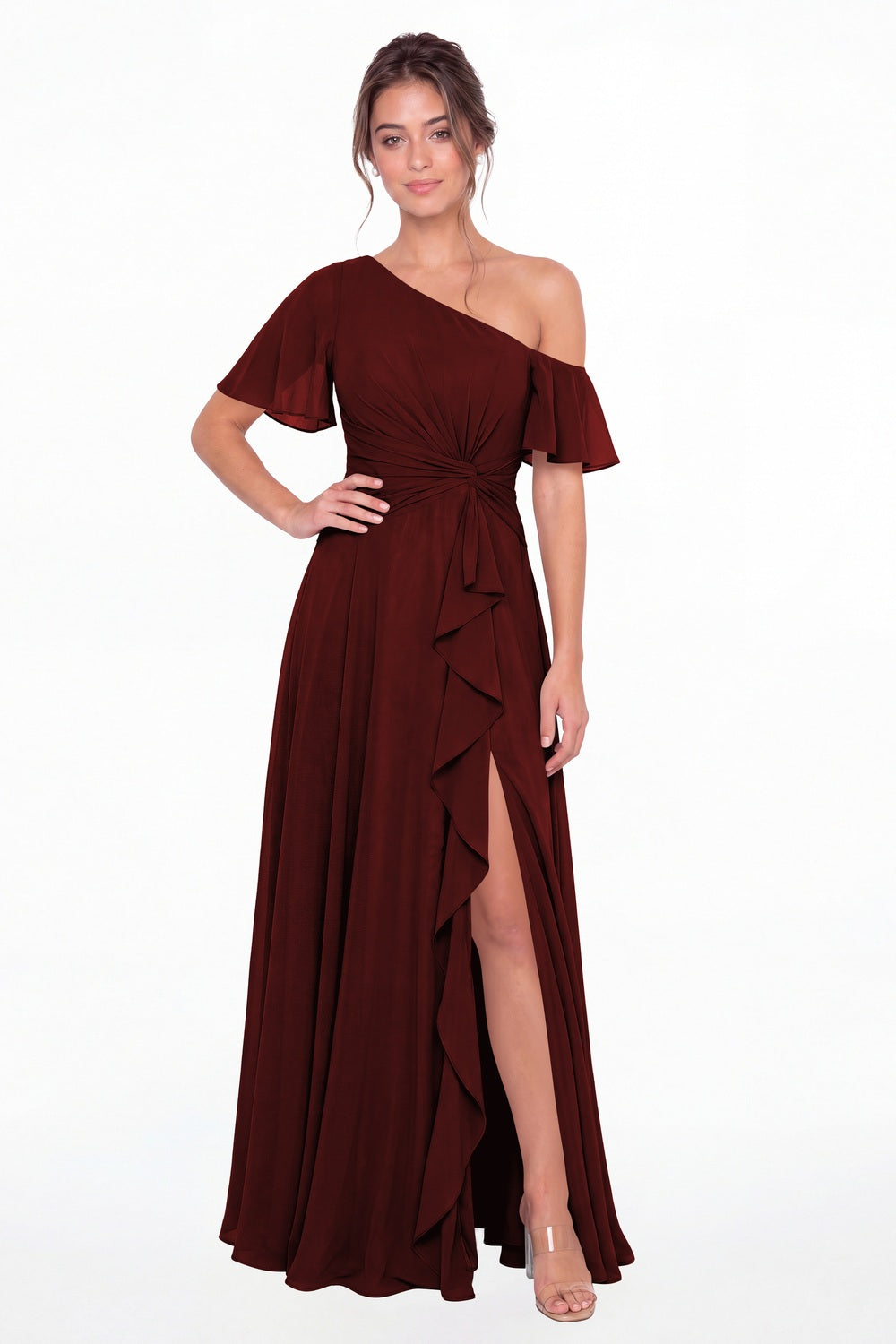 Burgundy One Shoulder Flutter Sleeve Chiffon Slit Maxi Gown - Front View