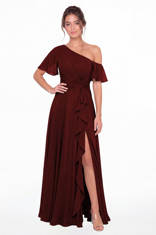 Burgundy One Shoulder Flutter Sleeve Chiffon Slit Maxi Gown - Front View