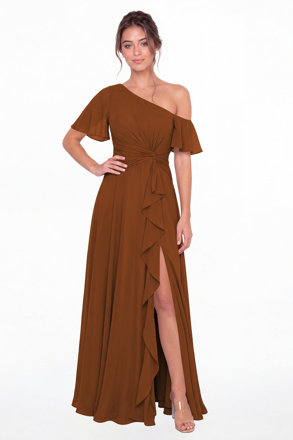 Burnt Orange One Shoulder Flutter Sleeve Chiffon Slit Maxi Gown - Front View