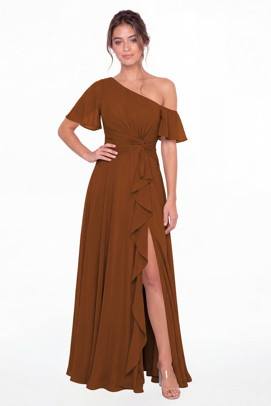 Burnt Orange One Shoulder Flutter Sleeve Chiffon Slit Maxi Gown - Front View