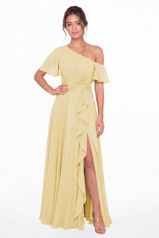 Butter Yellow One Shoulder Flutter Sleeve Chiffon Slit Maxi Gown - Front View