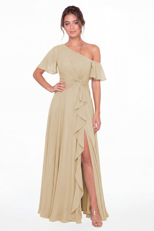 Champagne One Shoulder Flutter Sleeve Chiffon Slit Maxi Gown - Front View
