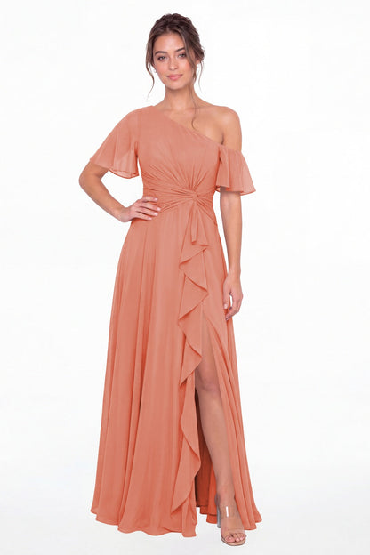 Coral One Shoulder Flutter Sleeve Chiffon Slit Maxi Gown - Front View