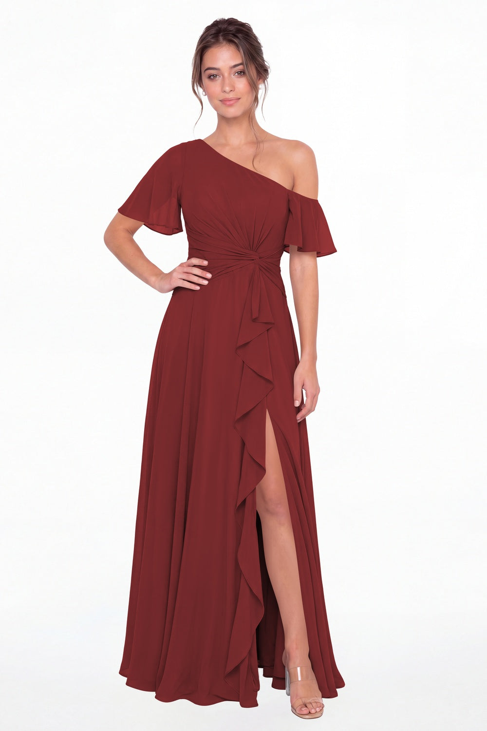 Desert Rose One Shoulder Flutter Sleeve Chiffon Slit Maxi Gown - Front View
