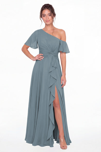 Dusty Blue One Shoulder Flutter Sleeve Chiffon Slit Maxi Gown - Front View