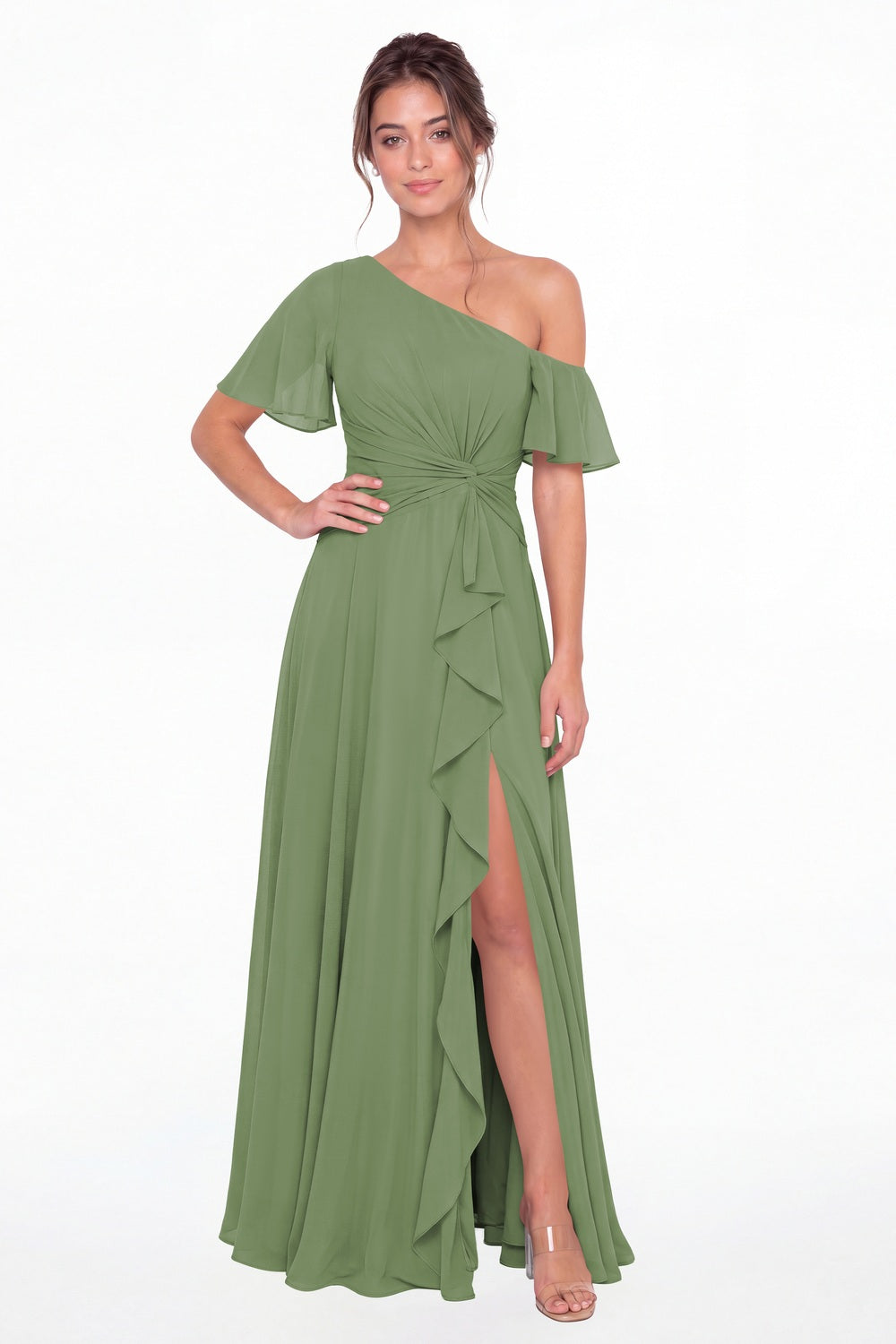 Dusty Sage One Shoulder Flutter Sleeve Chiffon Slit Maxi Gown - Front View