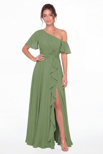 Dusty Sage One Shoulder Flutter Sleeve Chiffon Slit Maxi Gown - Front View