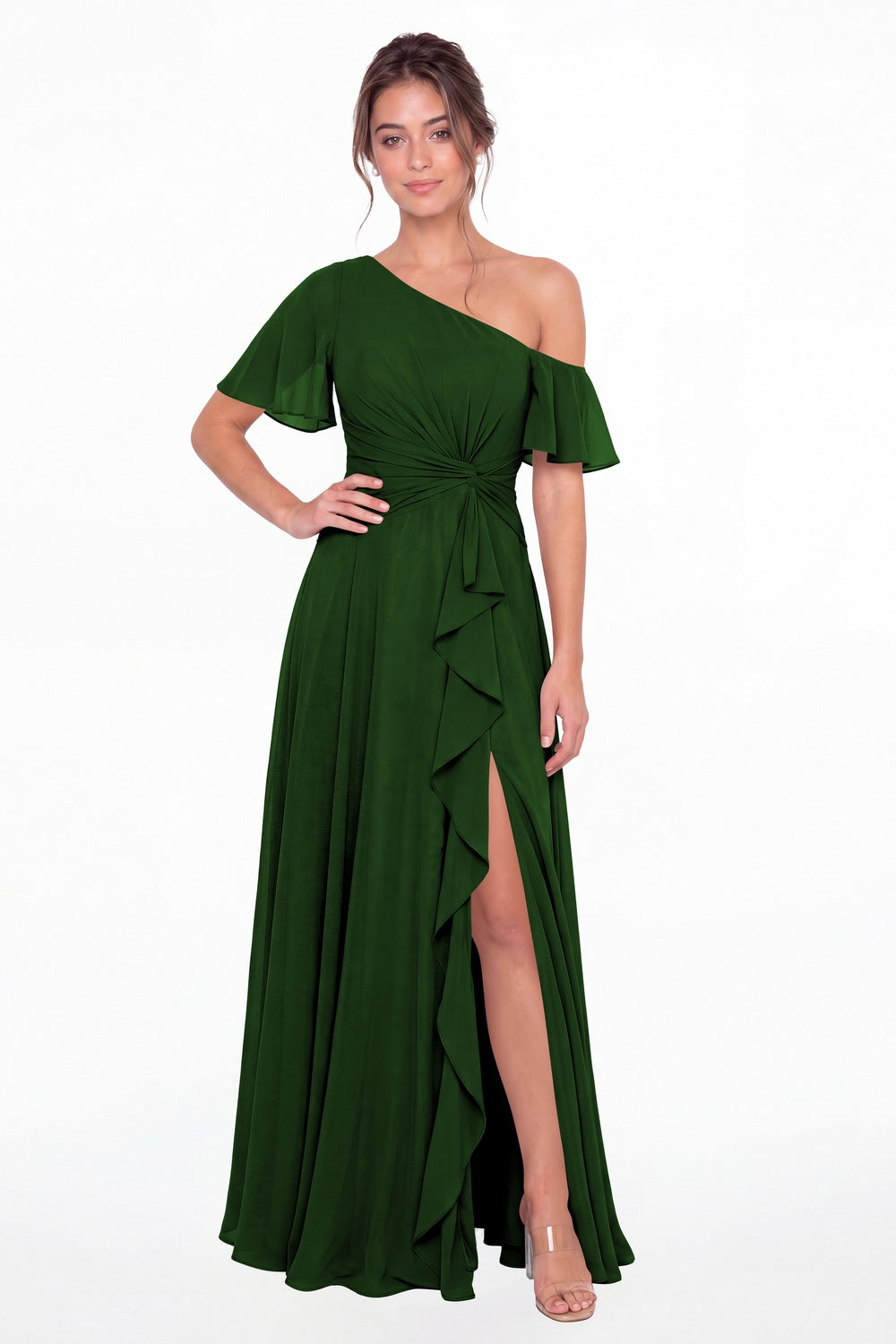 Emerald Green One Shoulder Flutter Sleeve Chiffon Slit Maxi Gown - Front View