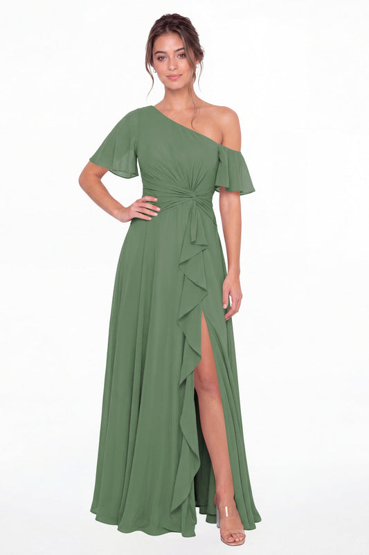 Eucalyptus One Shoulder Flutter Sleeve Chiffon Slit Maxi Gown - Front View