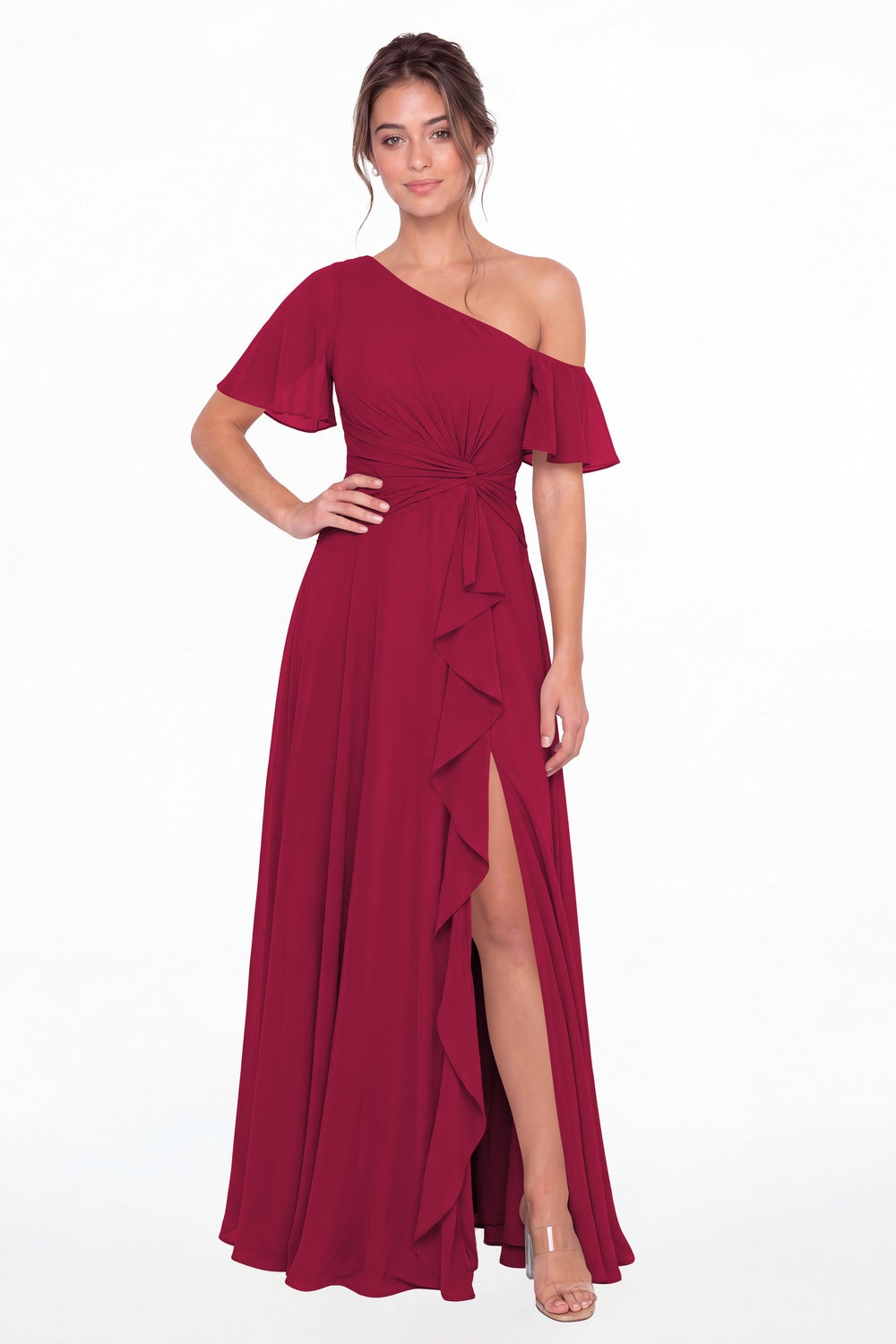 Fuchsia One Shoulder Flutter Sleeve Chiffon Slit Maxi Gown - Front View