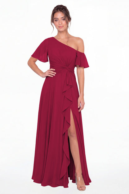 Fuchsia One Shoulder Flutter Sleeve Chiffon Slit Maxi Gown - Front View