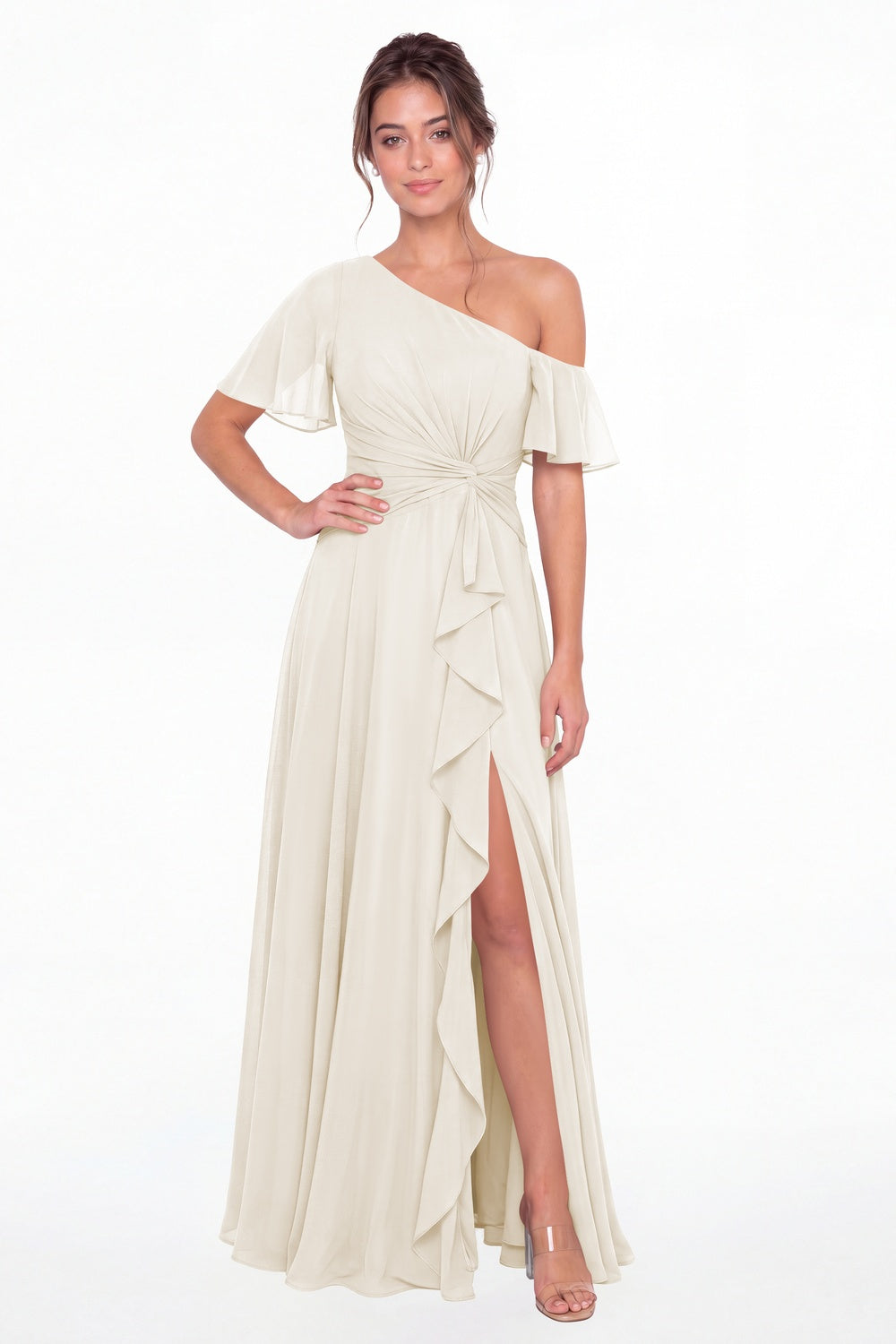 Ivory One Shoulder Flutter Sleeve Chiffon Slit Maxi Gown - Front View