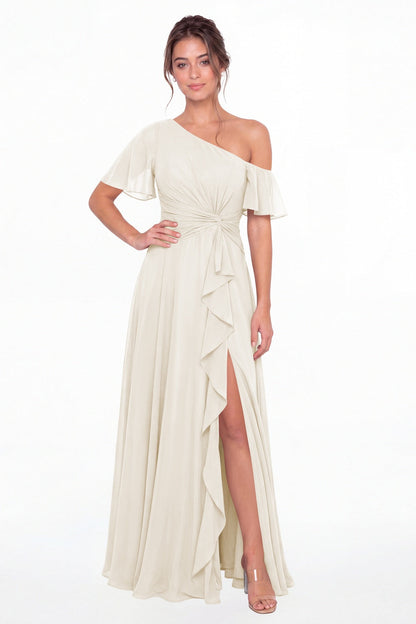 Ivory One Shoulder Flutter Sleeve Chiffon Slit Maxi Gown - Front View