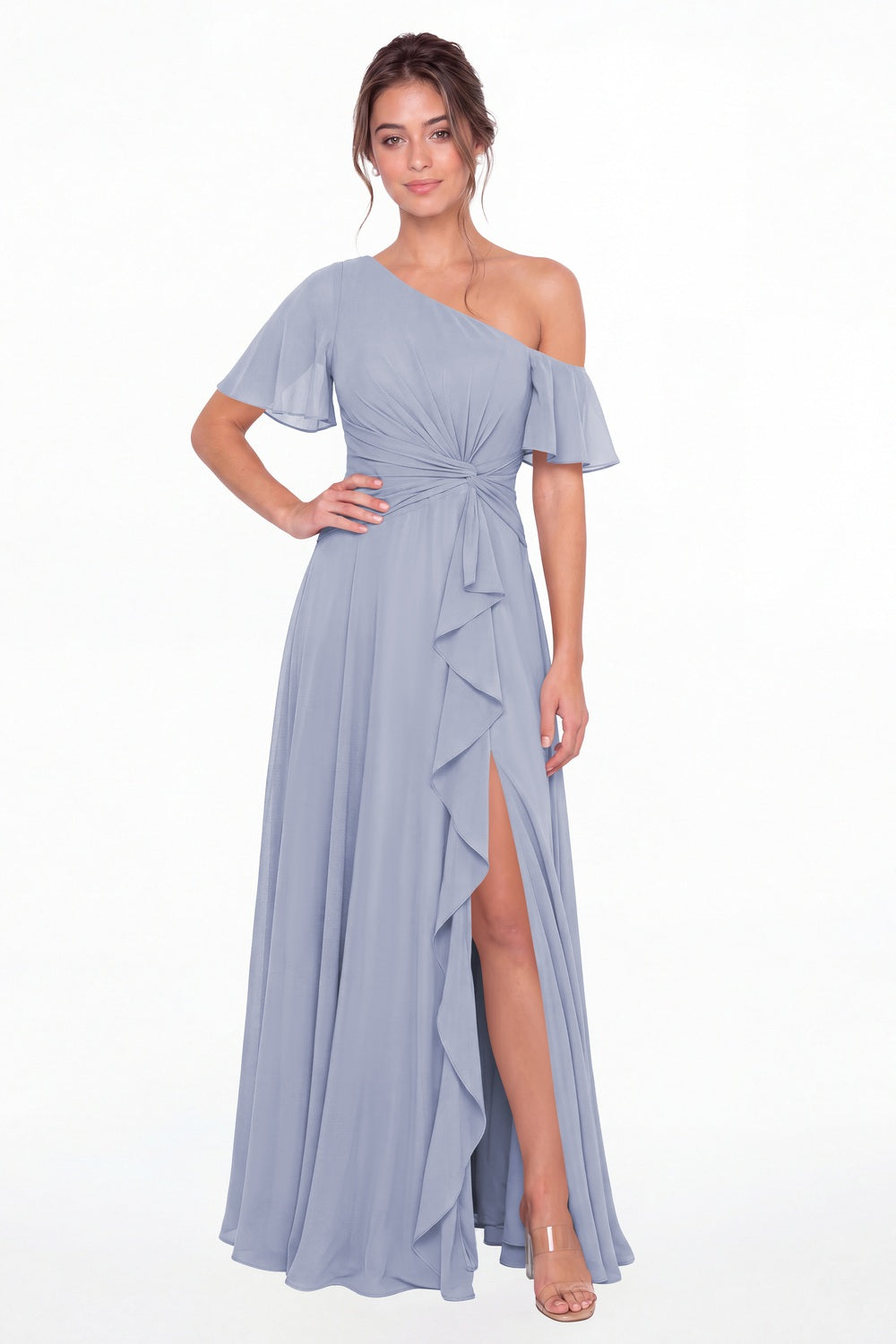 Lavender One Shoulder Flutter Sleeve Chiffon Slit Maxi Gown - Front View