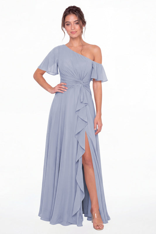 Lavender One Shoulder Flutter Sleeve Chiffon Slit Maxi Gown - Front View
