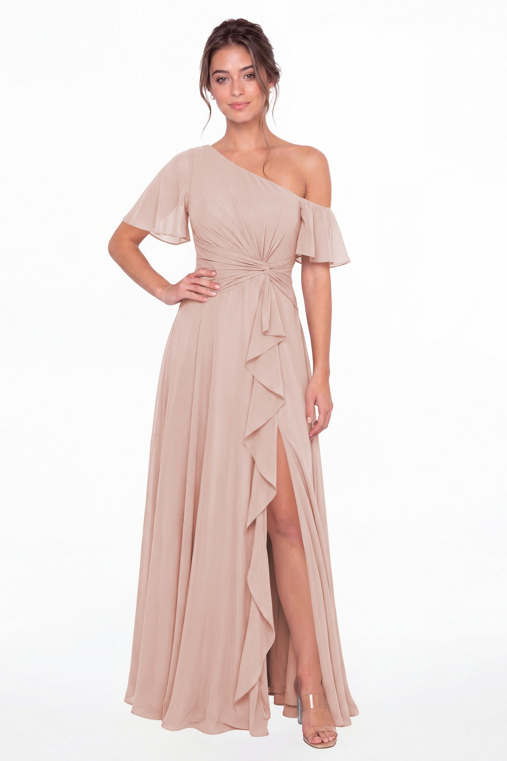Light Pink One Shoulder Flutter Sleeve Chiffon Slit Maxi Gown - Front View