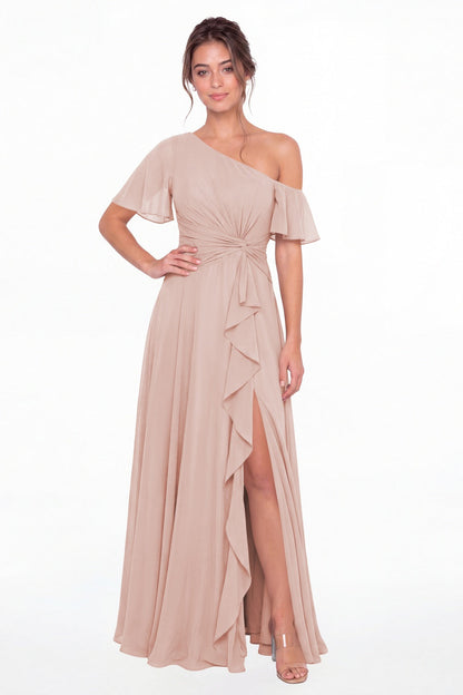 Light Pink One Shoulder Flutter Sleeve Chiffon Slit Maxi Gown - Front View