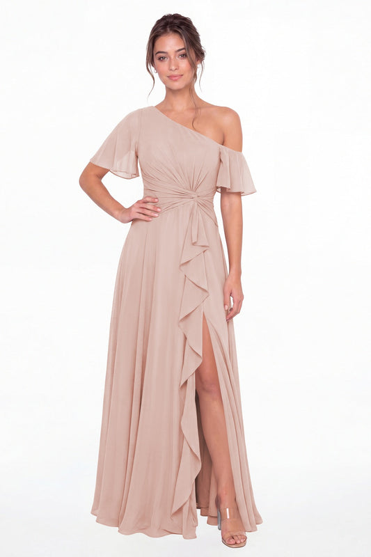 Light Pink One Shoulder Flutter Sleeve Chiffon Slit Maxi Gown - Front View