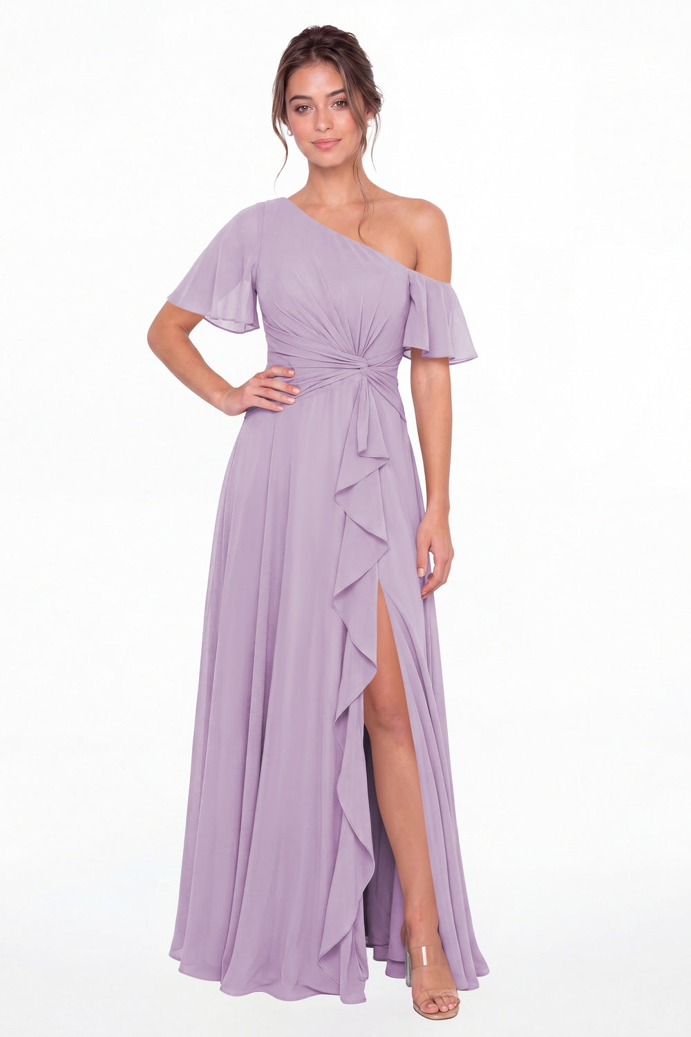 Lilac One Shoulder Flutter Sleeve Chiffon Slit Maxi Gown - Front View