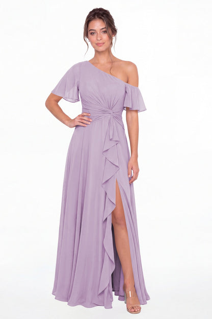 Lilac One Shoulder Flutter Sleeve Chiffon Slit Maxi Gown - Front View