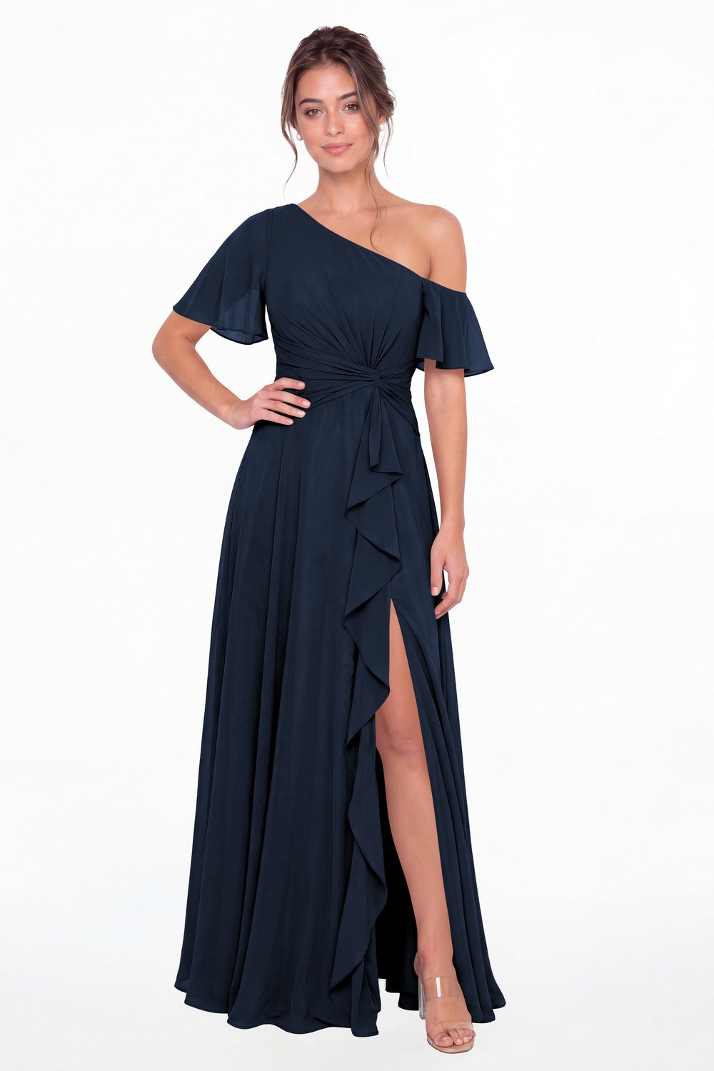 Navy Blue One Shoulder Flutter Sleeve Chiffon Slit Maxi Gown - Front View