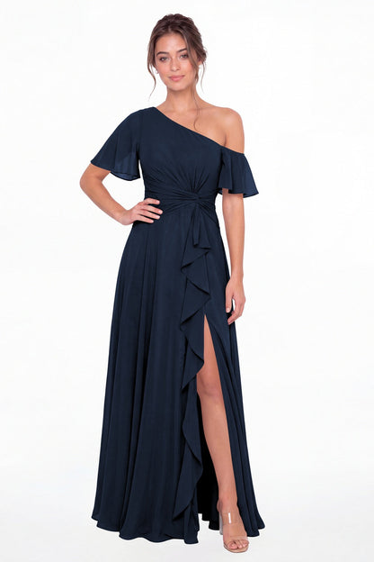 Navy Blue One Shoulder Flutter Sleeve Chiffon Slit Maxi Gown - Front View
