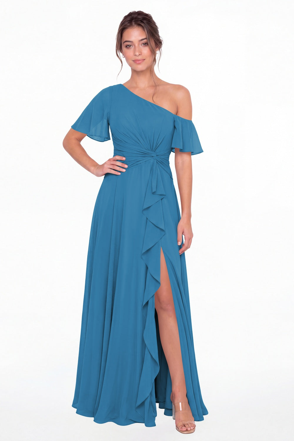 Ocean Blue One Shoulder Flutter Sleeve Chiffon Slit Maxi Gown - Front View