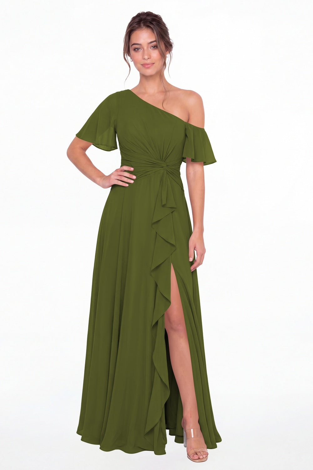 Olive Green One Shoulder Flutter Sleeve Chiffon Slit Maxi Gown - Front View