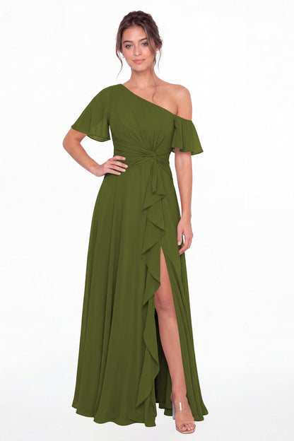 Olive Green One Shoulder Flutter Sleeve Chiffon Slit Maxi Gown - Front View