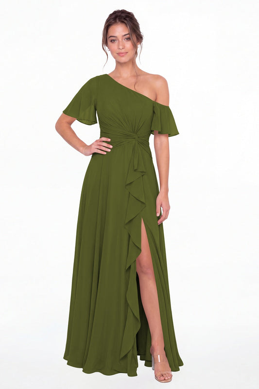 Olive Green One Shoulder Flutter Sleeve Chiffon Slit Maxi Gown - Front View
