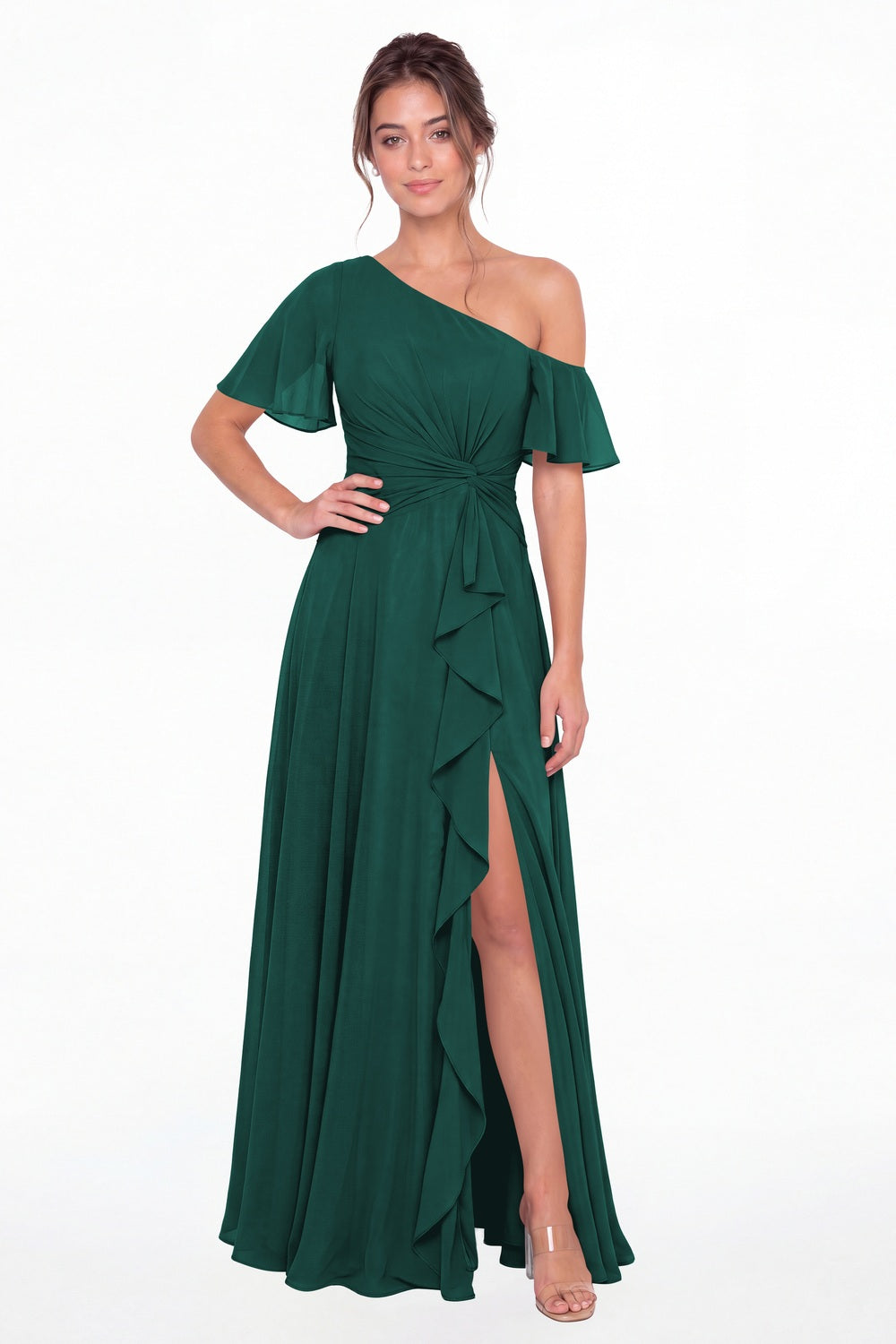 Peacock One Shoulder Flutter Sleeve Chiffon Slit Maxi Gown - Front View