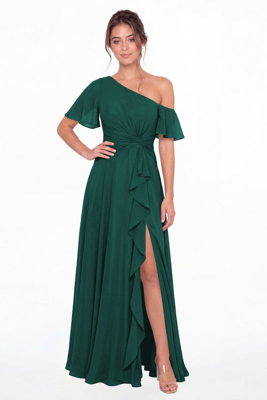 Peacock One Shoulder Flutter Sleeve Chiffon Slit Maxi Gown - Front View
