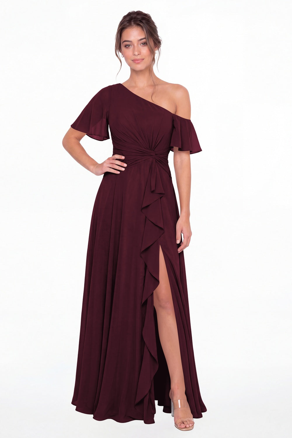 Plum One Shoulder Flutter Sleeve Chiffon Slit Maxi Gown - Front View