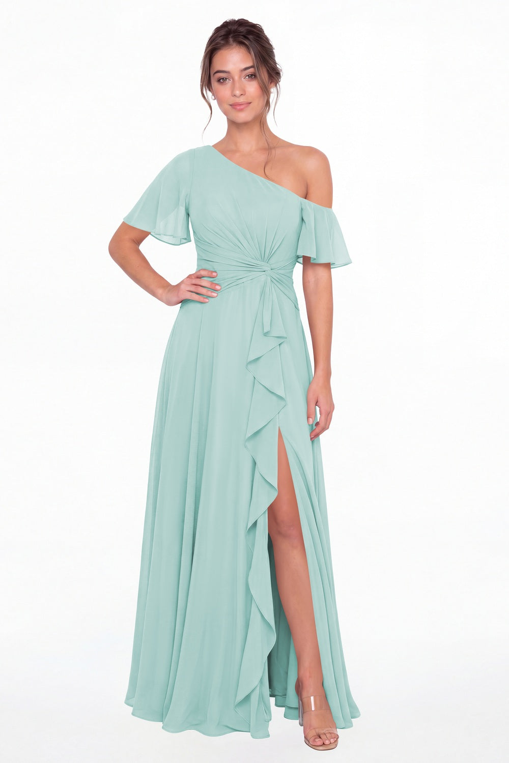 Powder Blue One Shoulder Flutter Sleeve Chiffon Slit Maxi Gown - Front View