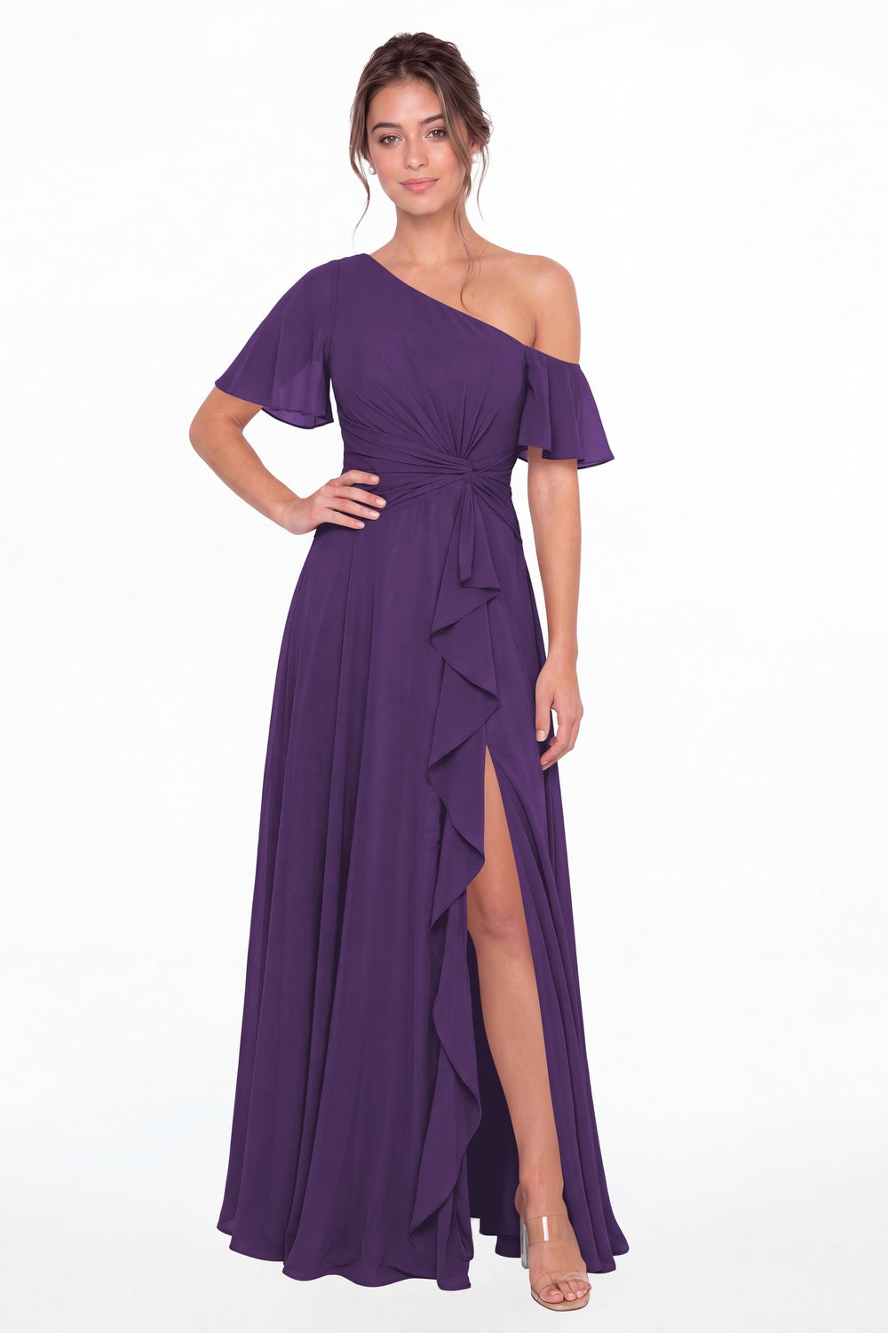 Purple One Shoulder Flutter Sleeve Chiffon Slit Maxi Gown - Front View