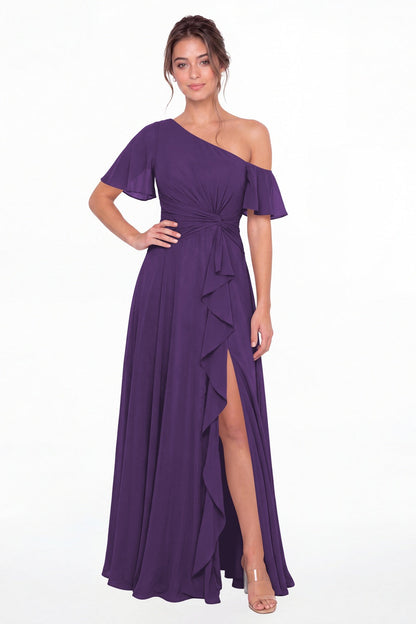 Purple One Shoulder Flutter Sleeve Chiffon Slit Maxi Gown - Front View