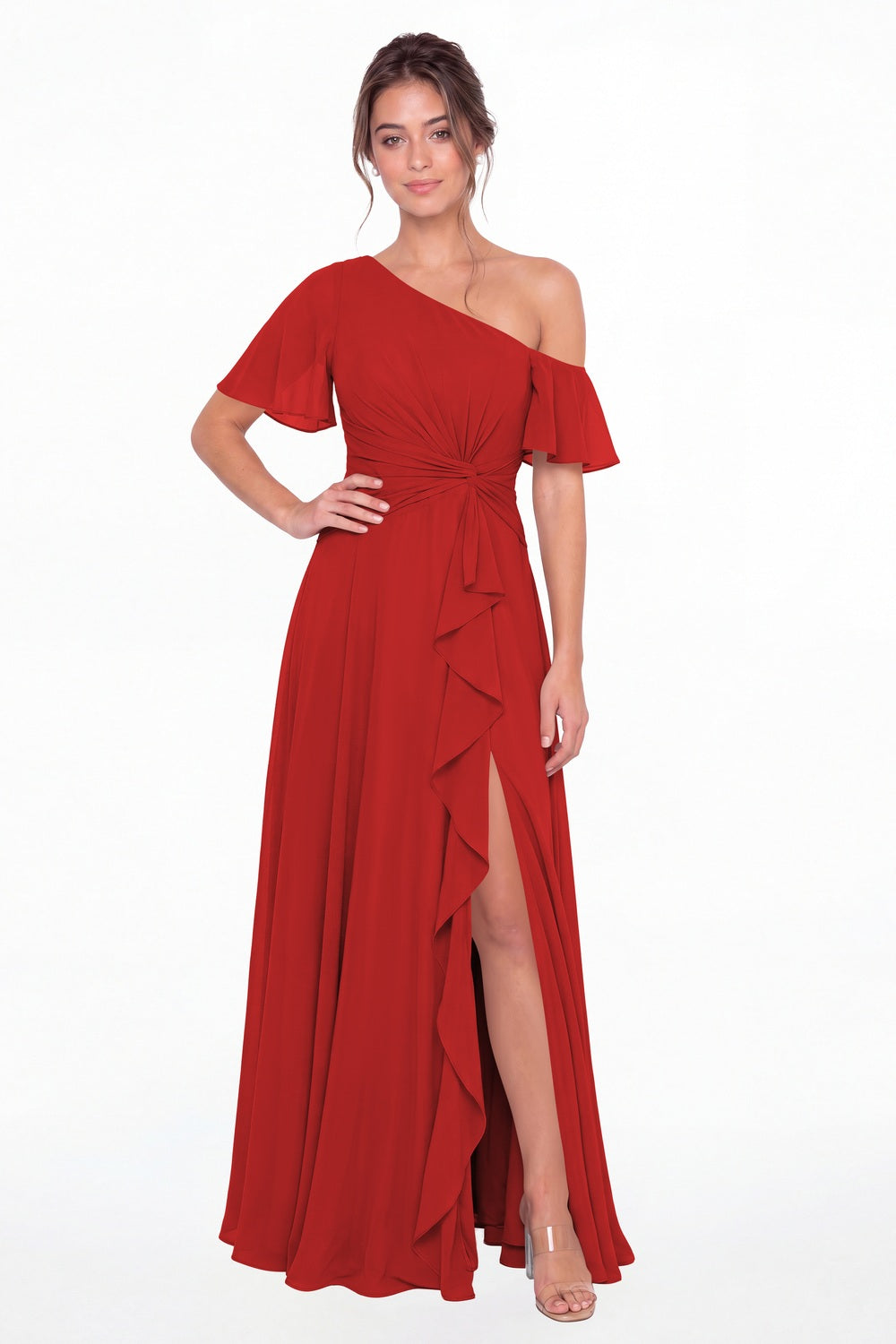 Red One Shoulder Flutter Sleeve Chiffon Slit Maxi Gown - Front View
