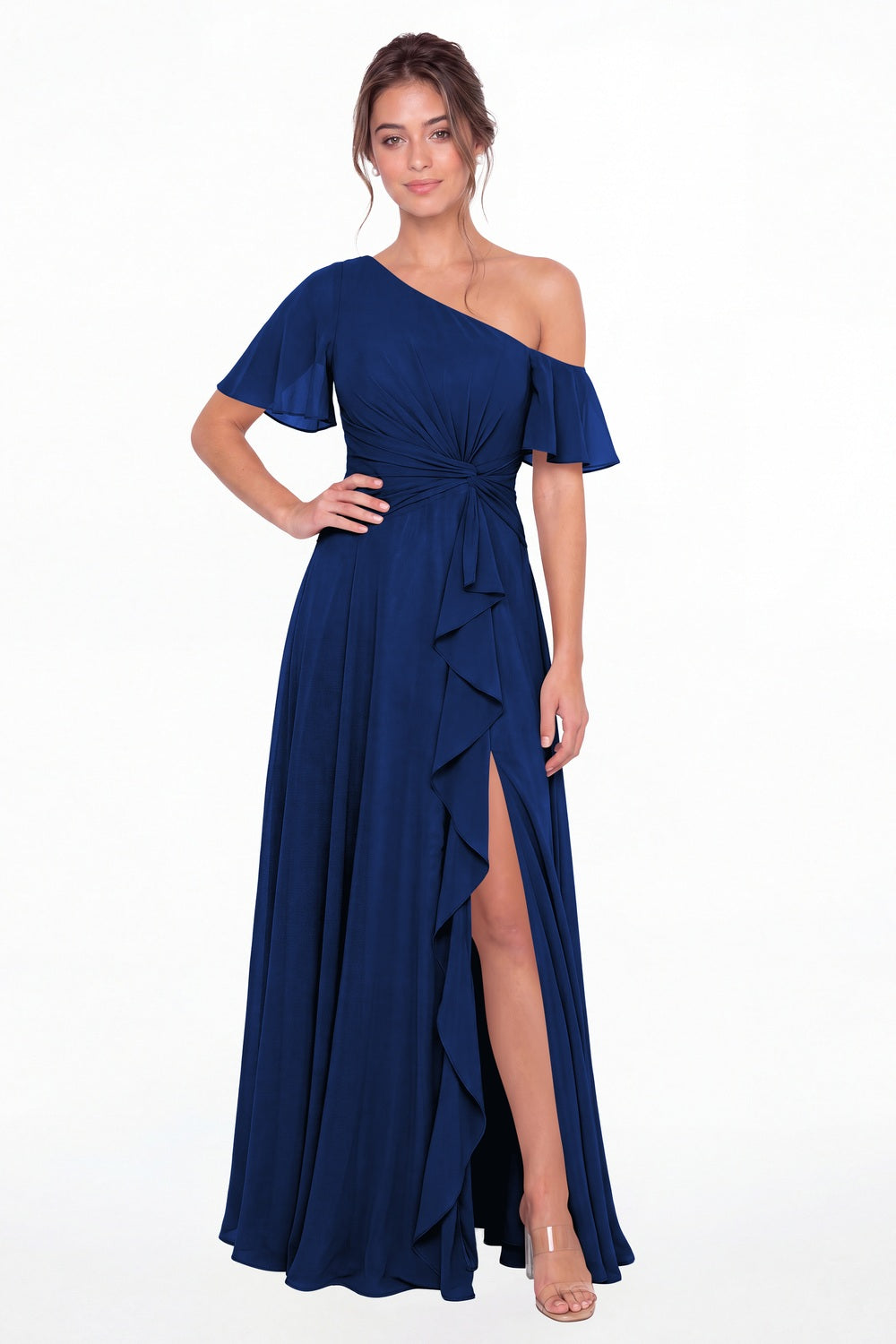 Royal Blue One Shoulder Flutter Sleeve Chiffon Slit Maxi Gown - Front View