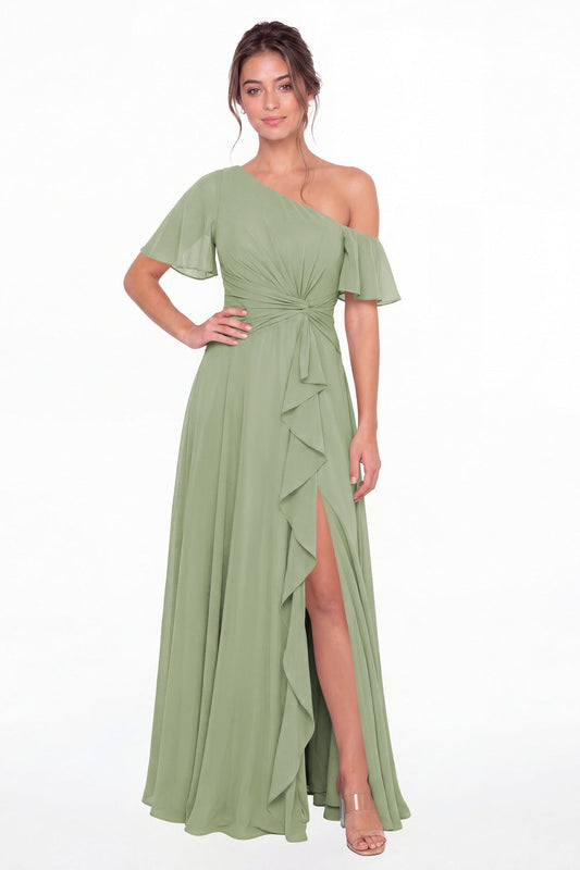 Sage Green One Shoulder Flutter Sleeve Chiffon Slit Maxi Gown - Front View